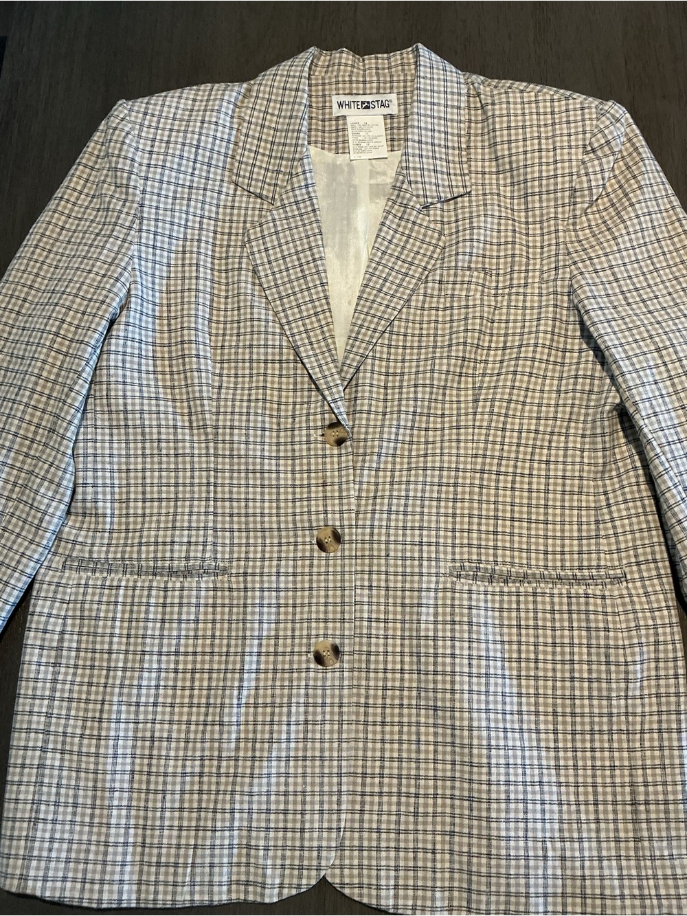 Vintage 90s White Stag Linen Cotton Plaid Women’s Blazer Shoulder Pads Size 12